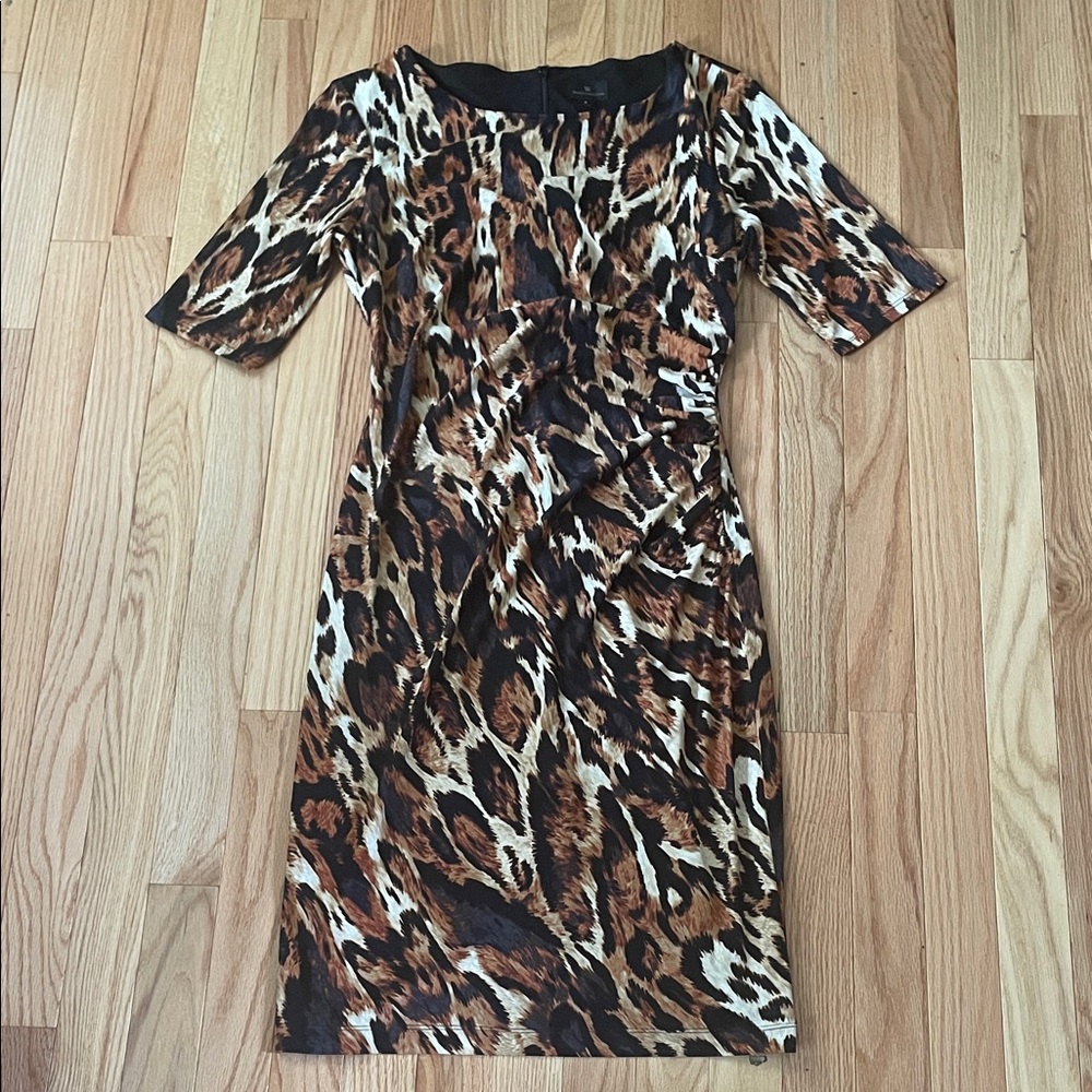 Worthington Sheath Midi Dress Womens 6 Brown Leopard Animal Print Minimalist